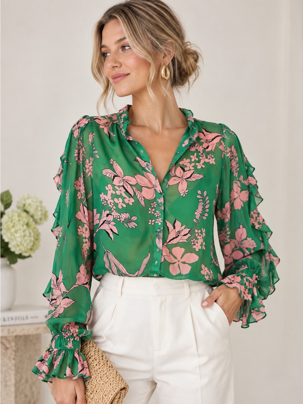 Alexis Green Pink Floral Ruffle Sheer Button Down Blouse S